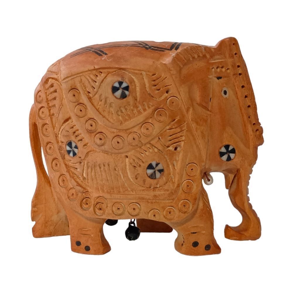 Hand Carved Wood Elephant Figure Embellished Good Luck Bohemian Sculpture Vtg
